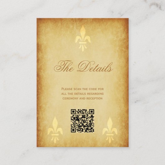QRコードヴィンテージ金ゴールドインペリアル(紋章の)フラ・ダ・リ結婚 エンクロージャーカード (正面)