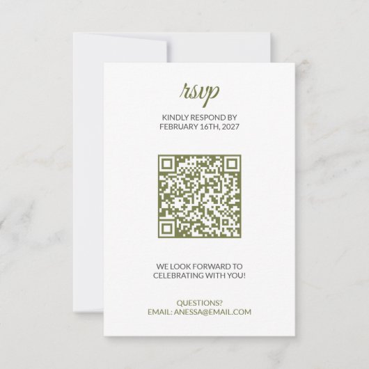 QRコード付きのセージグリーンの結婚式RSVP 出欠カード (正面)