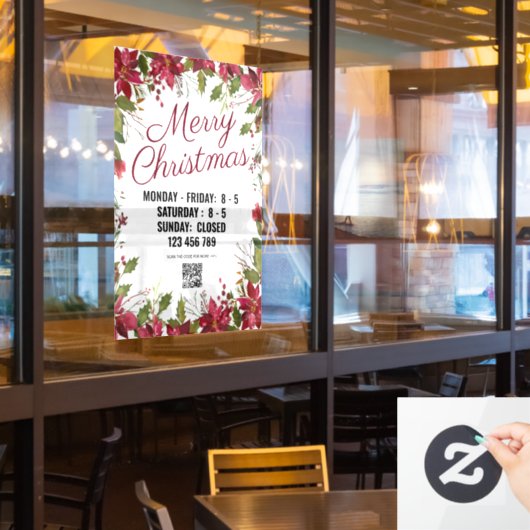 QRコード付きの休日シーズンの店舗の看板。 ウィンドウサイン (レストラン窓)