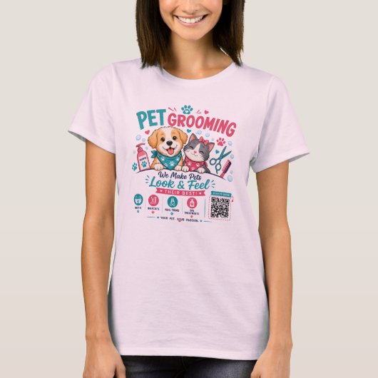 QRコード付きの可愛いペットグルーミングTシャツ Tシャツ (正面)