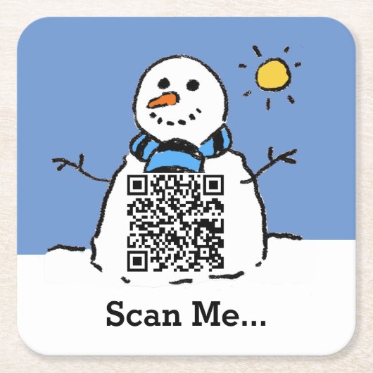QRコード付きの太陽の下の雪だるま スクエアペーパーコースター (正面)