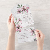 QRコード付きの白い背景にピンクのユリ(憂鬱な雰囲気) オールインワン招待状 (貼ってはがせる)