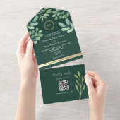 QRコード付きエメラルドグリーンの植物婚礼招待状 オールインワン招待状 (貼ってはがせる)