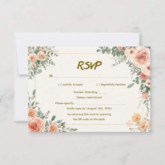 QRコード付きエレガントなフラワーハートの結婚式RSVP 出欠カード (正面)