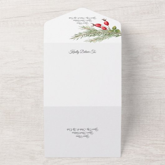 QRコード付きクリスマスパインとベリー オールインワン招待状 (外側)