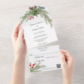 QRコード付きクリスマスパインとベリー オールインワン招待状 (貼ってはがせる)