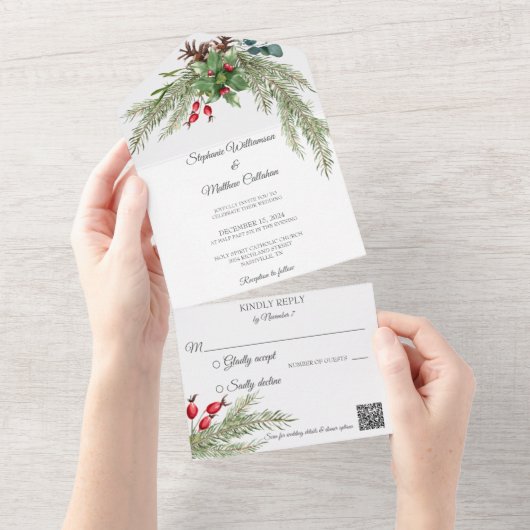 QRコード付きクリスマスパインとベリー オールインワン招待状 (貼ってはがせる)