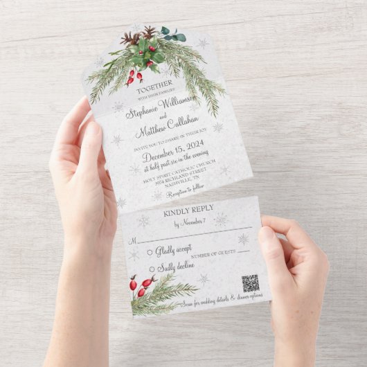 QRコード付きクリスマスパインと雪片 オールインワン招待状 (貼ってはがせる)