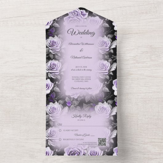 QRコード付きグレーおよびラベンダーバラ オールインワン招待状 (内側)