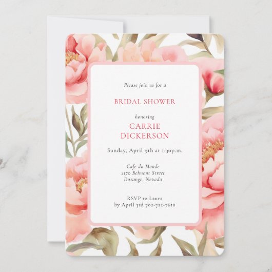 QRコード付きコテージコア赤面フローラブライダルシャワー 招待状 (正面)