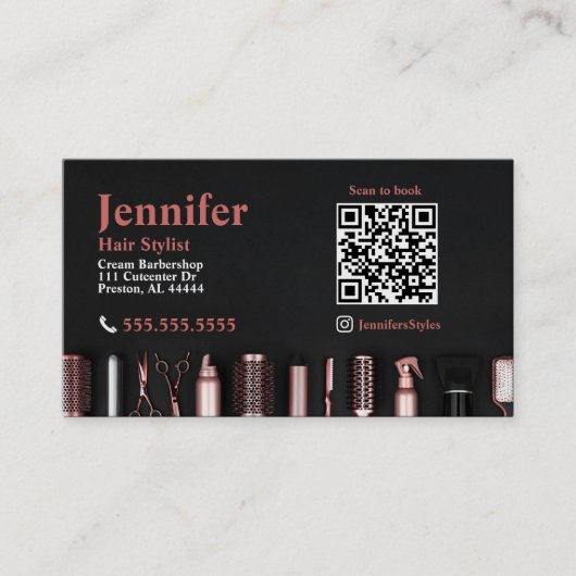 QRコード付きスタイリストブラックバラ金ゴールド名刺 名刺 (正面)