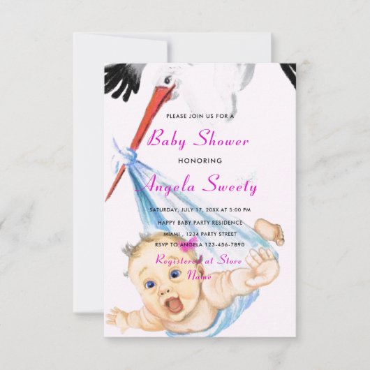 QRコード付きストークとベビーガールシャワー招待状 カード (正面)