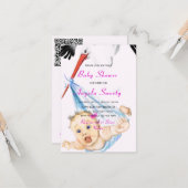 QRコード付きストークとベビーガールシャワー招待状 カード (正面/裏面インサイチュ)