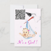 QRコード付きストークとベビーガールシャワー招待状 カード (裏面)
