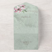 QRコード付きセージ動揺してグリーンのピンク色のユリ オールインワン招待状 (外側)