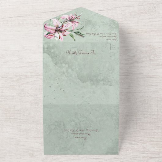 QRコード付きセージ動揺してグリーンのピンク色のユリ オールインワン招待状 (外側)