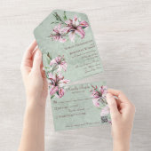 QRコード付きセージ動揺してグリーンのピンク色のユリ オールインワン招待状 (貼ってはがせる)