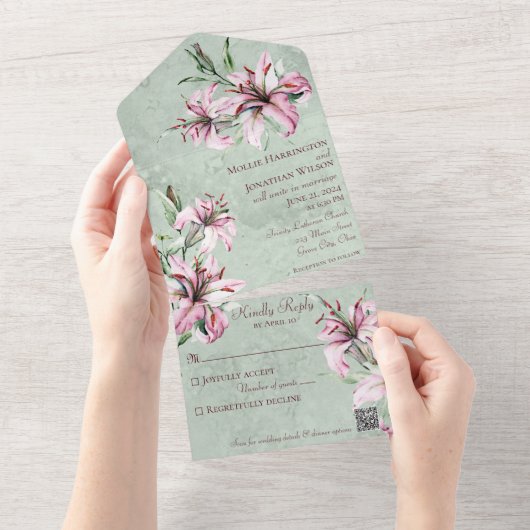 QRコード付きセージ動揺してグリーンのピンク色のユリ オールインワン招待状 (貼ってはがせる)