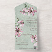 QRコード付きセージ動揺してグリーンのピンク色のユリ オールインワン招待状 (内側)