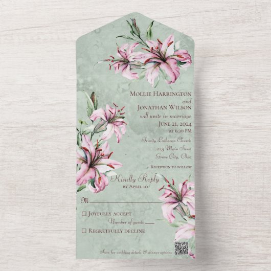 QRコード付きセージ動揺してグリーンのピンク色のユリ オールインワン招待状 (内側)