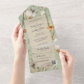 QRコード付きセージ・グリーンのワイルドフラワー オールインワン招待状 (貼ってはがせる)