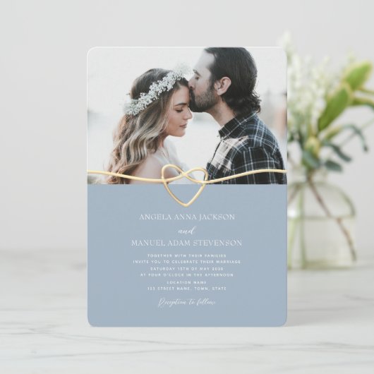 QRコード付きダスティブルーフォト結婚式招待状 招待状 (スタンド正面)