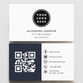 QRコード付きネイビーブルー写真ソーシャルメディア 名刺