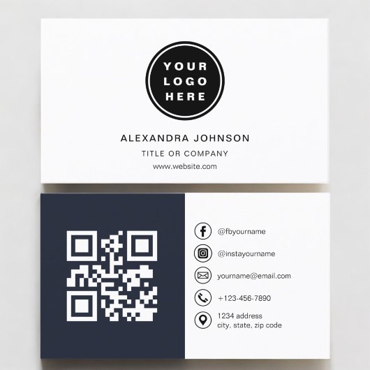 QRコード付きネイビーブルー写真ソーシャルメディア 名刺