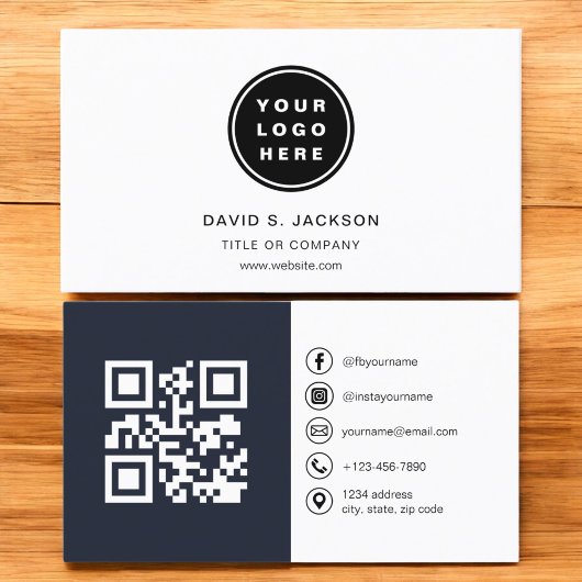 QRコード付きネイビーブルー写真ソーシャルメディア 名刺