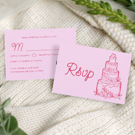 QRコード付きピンクの結婚式ウェディングケーキRSVPカード 出欠カード