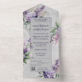 QRコード付きヘザー付き紫色のライラック オールインワン招待状 (内側)