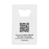 QRコード付きホテルまたはレストラン。ホテルゲスト クレジットカード栓抜き (正面)