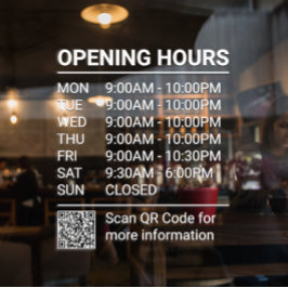 QRコード付きホワイト店舗営業時間サイン窓用ステッカー ウィンドウサイン