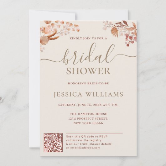 QRコード付きボエミアの花ブライダルシャワー 招待状 (正面)