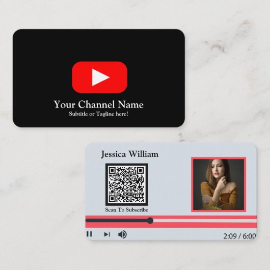 QRコード付きモダンYouTubeブロガーチャンネル ブラック 名刺 (正面/裏面)