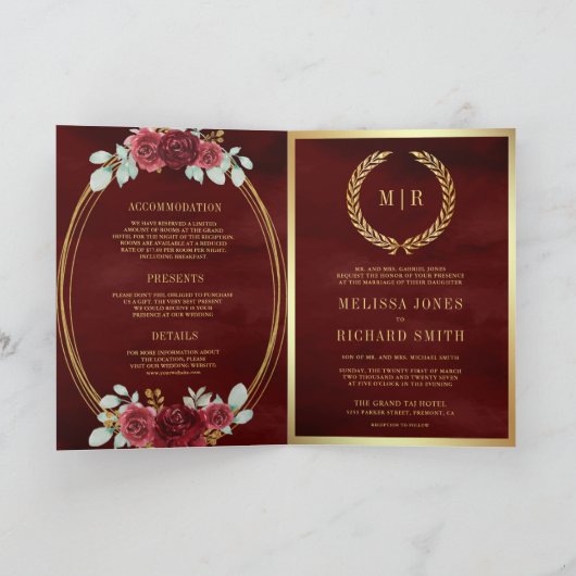 QRコード付きワインレッドのバラの結婚式 招待状 (内部)