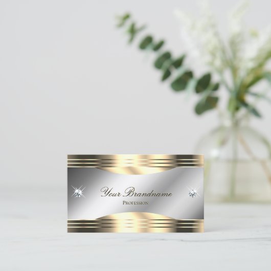 QRコード付き上品なシルバーと金ゴールドシャイニーダイヤモンド 名刺 (スタンド正面)