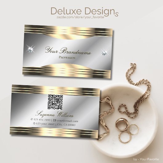 QRコード付き上品なシルバーと金ゴールドシャイニーダイヤモンド 名刺