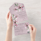 QRコード付き動揺してモーヴのピンク色のユリ オールインワン招待状 (貼ってはがせる)