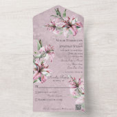 QRコード付き動揺してモーヴのピンク色のユリ オールインワン招待状 (内側)