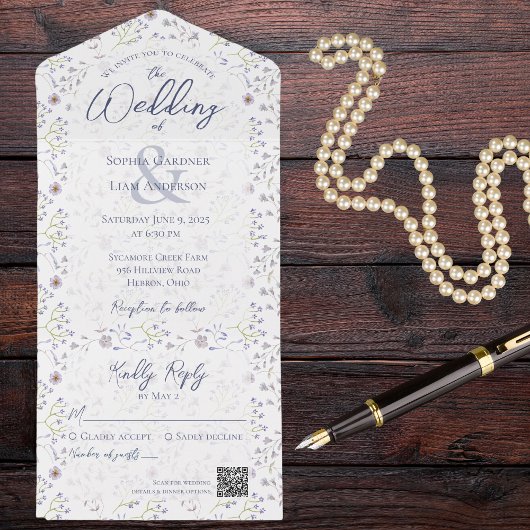 QRコード付き小さなほこりっぽいブルーフローラ オールインワン招待状