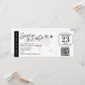 QRコード付き結婚式搭乗券スタイルの結婚式Save The Date カード (正面/裏面インサイチュ)
