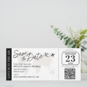 QRコード付き結婚式搭乗券スタイルの結婚式Save The Date カード (スタンド正面)