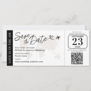 QRコード付き結婚式搭乗券スタイルの結婚式Save The Date カード