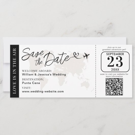 QRコード付き結婚式搭乗券スタイルの結婚式Save The Date カード (正面)