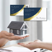 QRコード付き青と白の金ゴールドデコースタイリッシュル 名刺