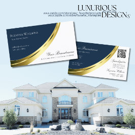 QRコード付き青と白の金ゴールドデコースタイリッシュル 名刺