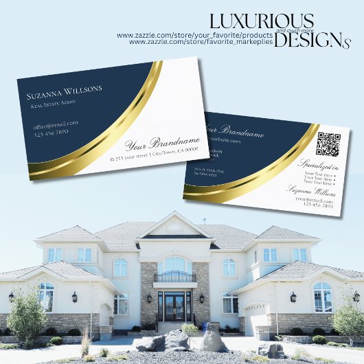 QRコード付き青と白の金ゴールドデコースタイリッシュル 名刺