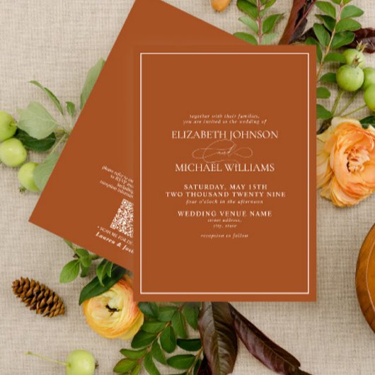 QRコード付き フォーマル バーンオレンジ クラシック スクリプト 結婚式 招待状