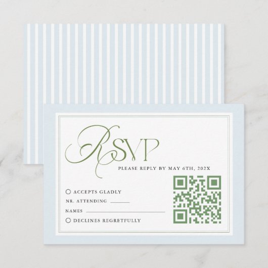 QRコード付き ブルー ストライプ ウェディング RSVP カード (正面/裏面)